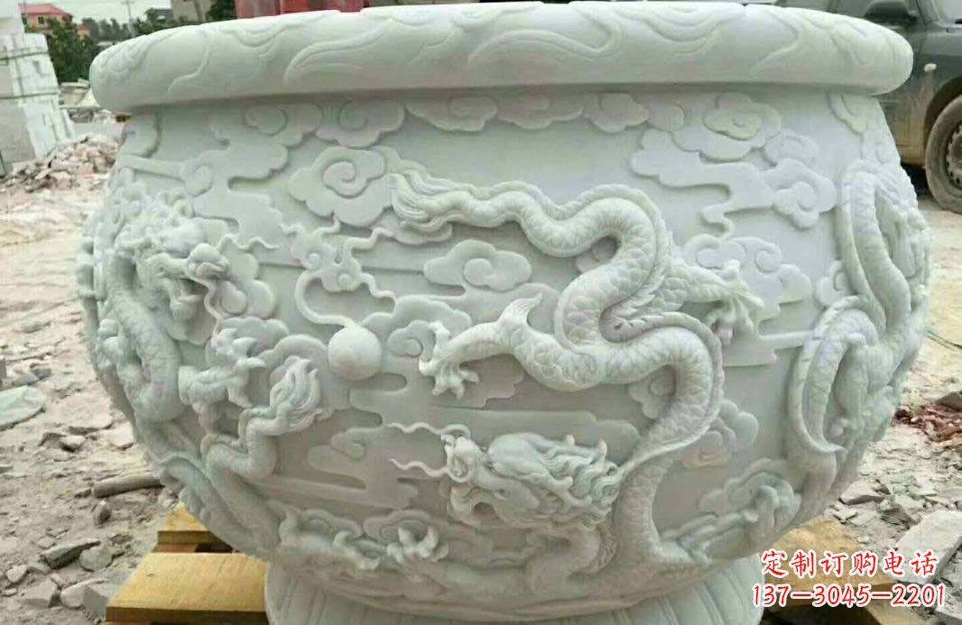 威海汉白玉龙浮雕水缸雕塑