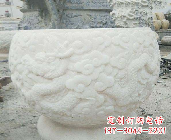 威海汉白玉龙浮雕招财水缸,让你家居多一份福气