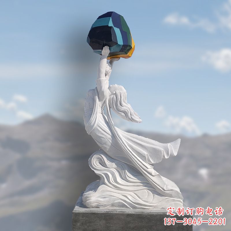 威海汉白玉女娲补天石雕雕塑摆件