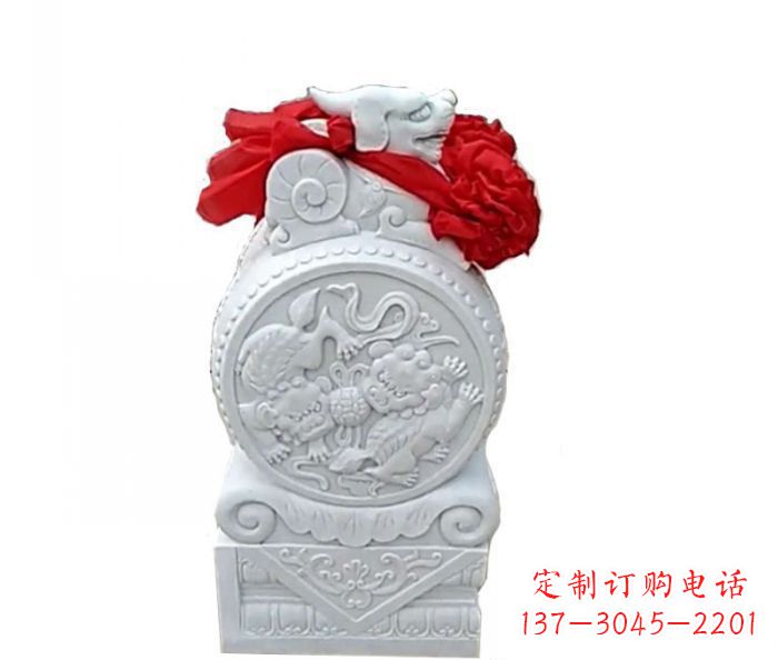 威海汉白玉貔貅抱鼓石招财石门墩
