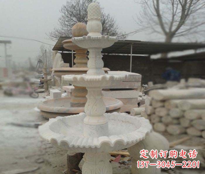 威海汉白玉三层别墅小型喷泉石雕