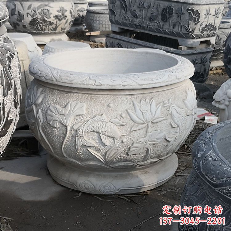 威海中领雕塑汉白玉石鱼缸雕塑,是一种精美的装…