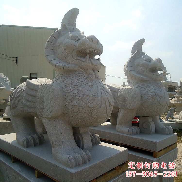 威海汉白玉獬廌解豸石雕-上古神兽动物雕塑摆件