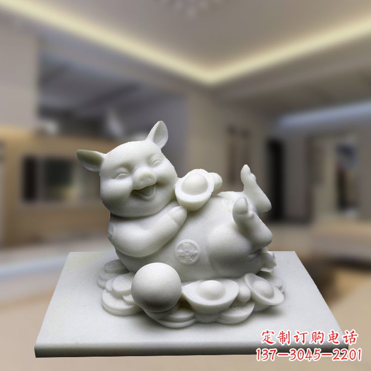 威海汉白玉动物雕塑，招财猪石雕精美装饰