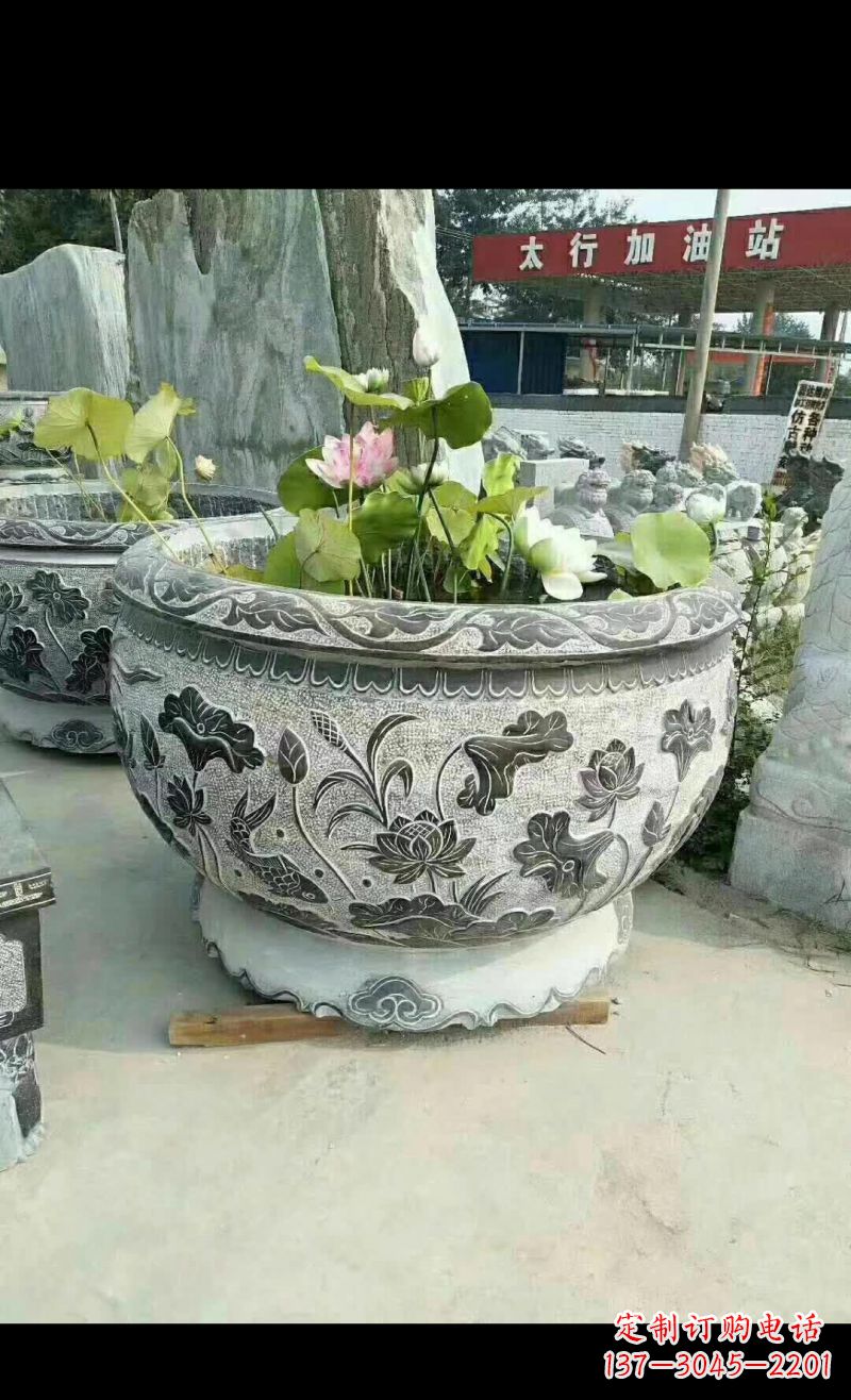 威海精美荷花鲤鱼石浮雕水缸