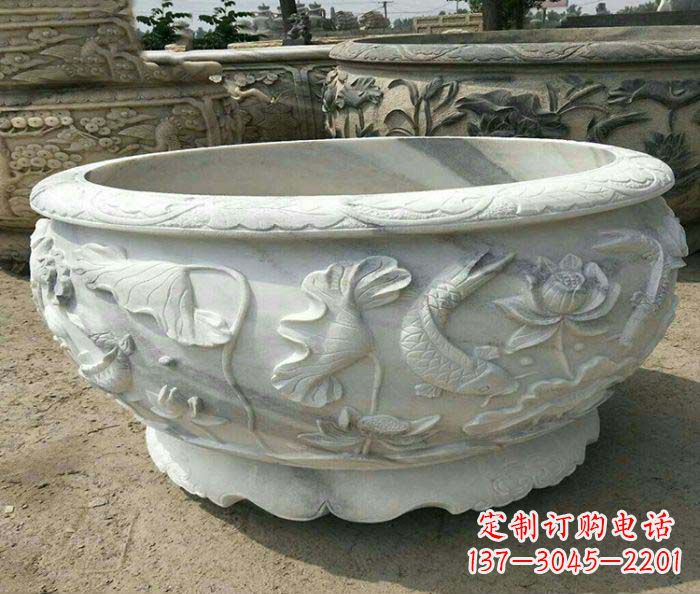 威海荷花鲤鱼石雕招财水缸