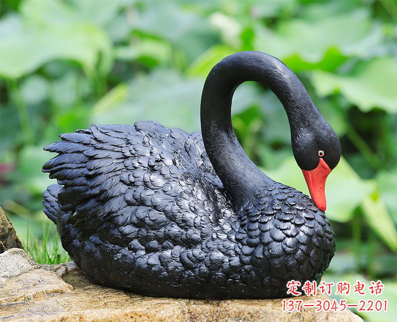 威海黑色曲颈天鹅雕塑-玻璃钢公园水景动物摆件