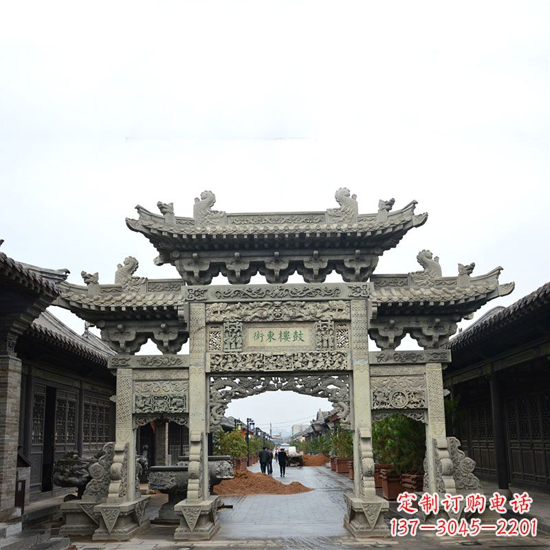 威海特色街道三门石雕牌楼雕塑