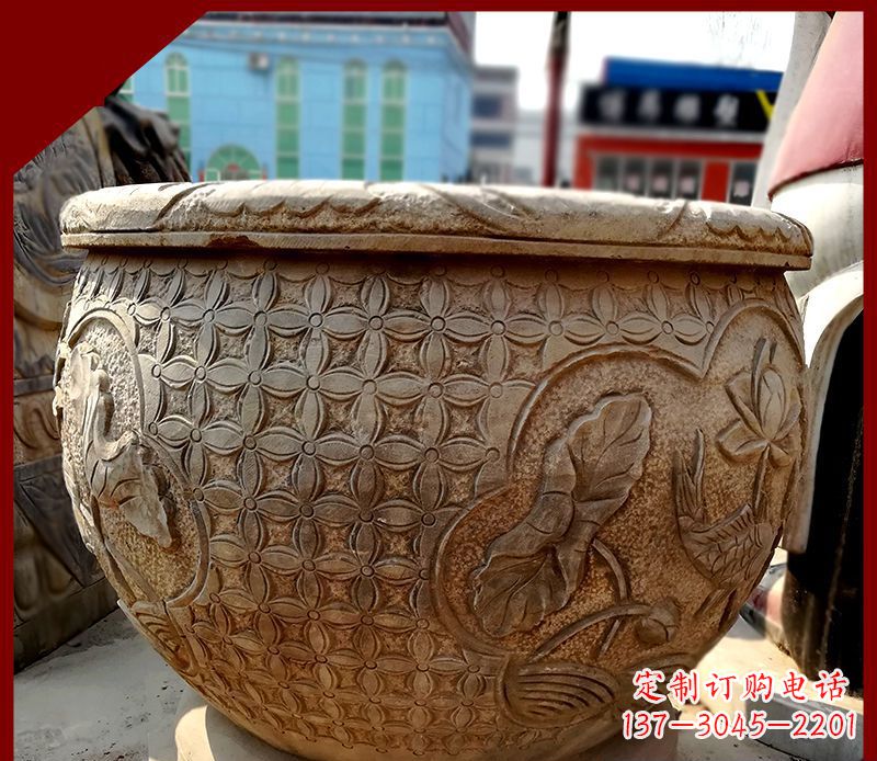 威海仿古石水缸鲤鱼浮雕