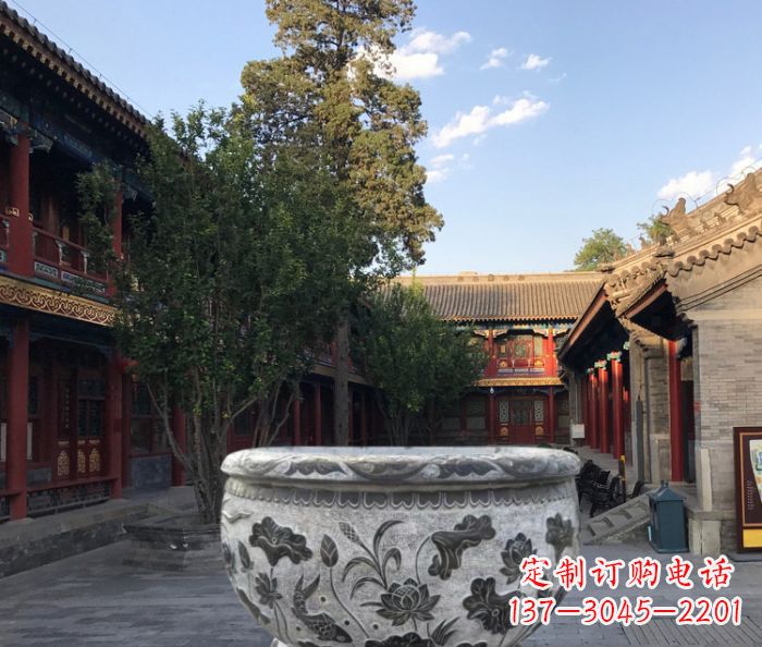 威海连年有鱼石浮雕圆形荷花水缸