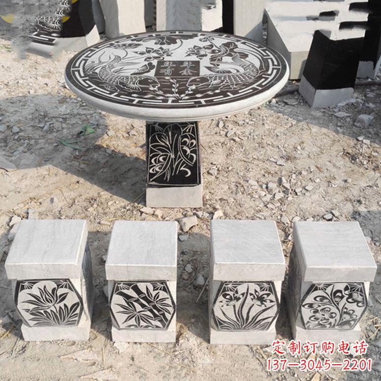 威海梅兰竹菊仿古方石桌凳雕塑,古朴典雅