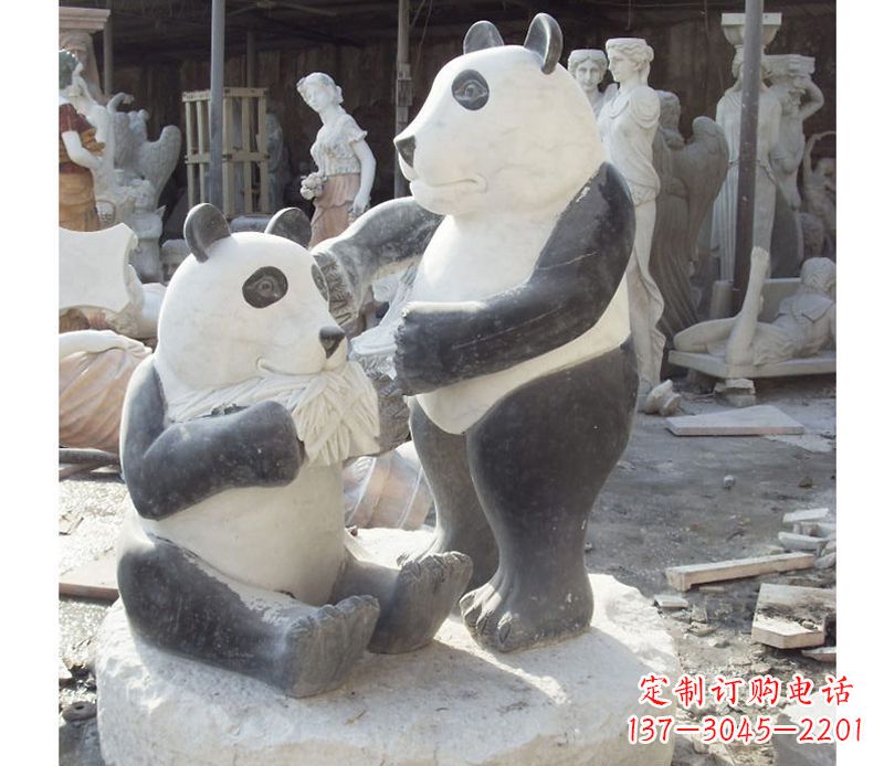 威海母子熊猫石雕,传达真挚的亲情