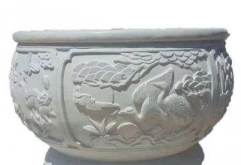 威海汉白玉松鹤延年浮雕水缸，带给您无尽的岁月美景