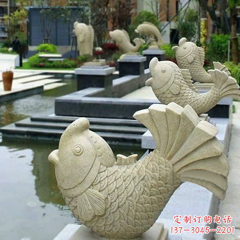威海喷水鱼砂岩石雕-园林水池雕塑