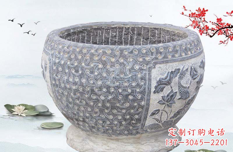 威海青石仿古鲤鱼浮雕水缸,精致雕塑设计