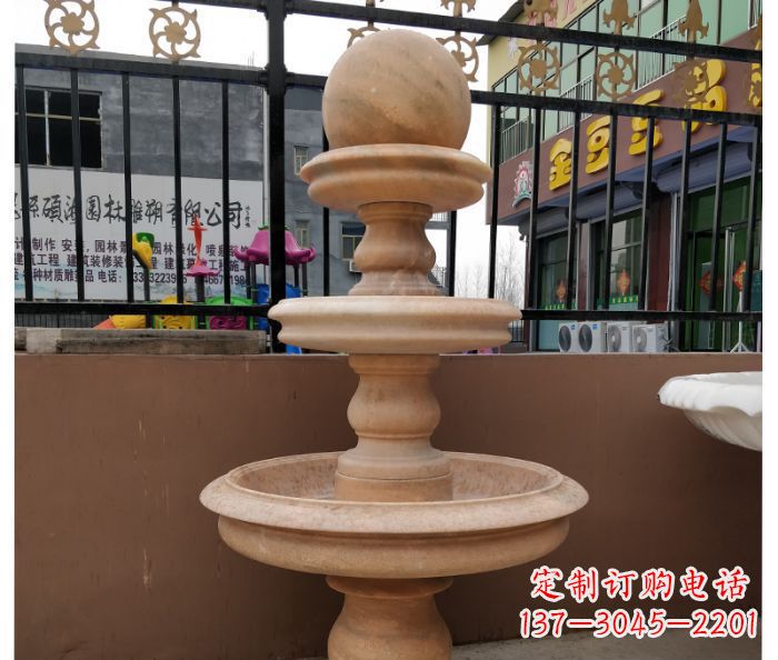 威海三层风水球晚霞红别墅石雕