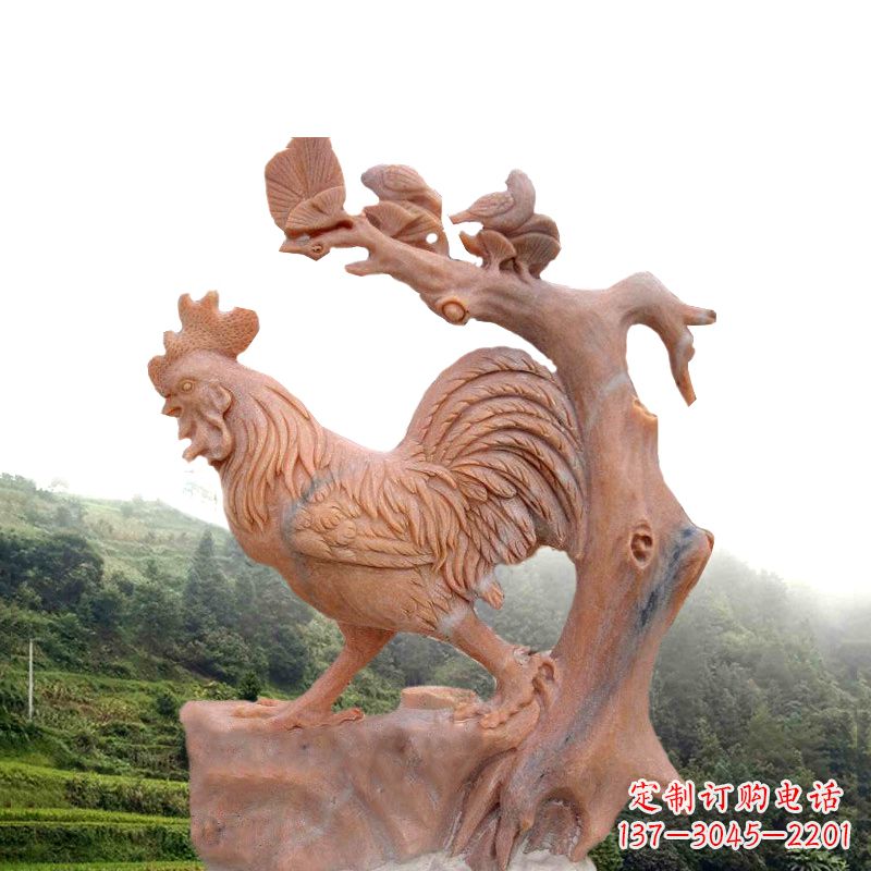 威海中领雕塑:酉鸡晚霞红石动物雕塑