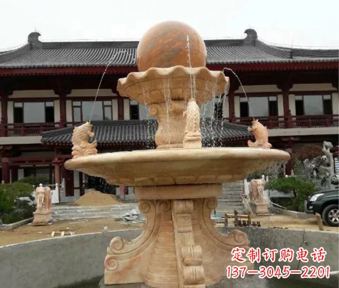 威海双层风水球喷泉晚霞红石雕