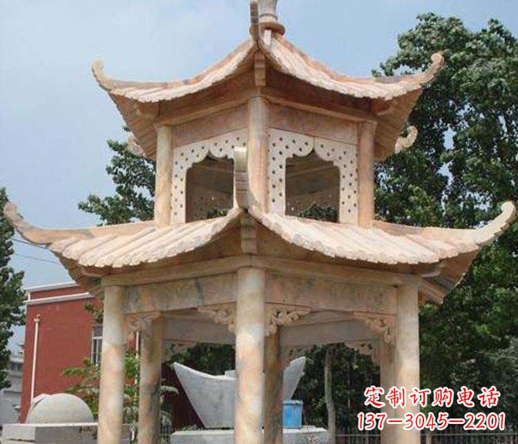 威海双层晚霞红凉亭石雕