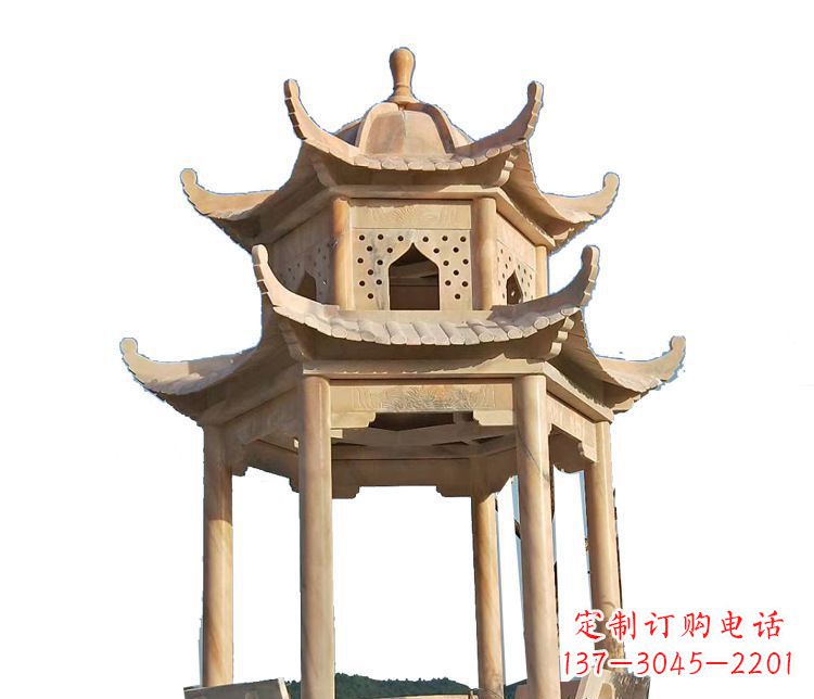 威海双层晚霞红凉亭石雕 (2)