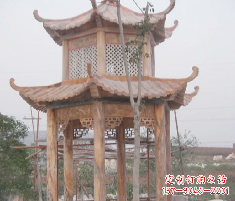 威海双层晚霞红石凉亭石雕 (2)