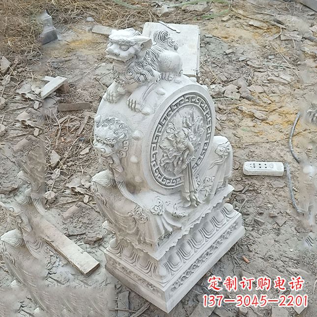 威海双龙石雕门墩汉白玉狮子头