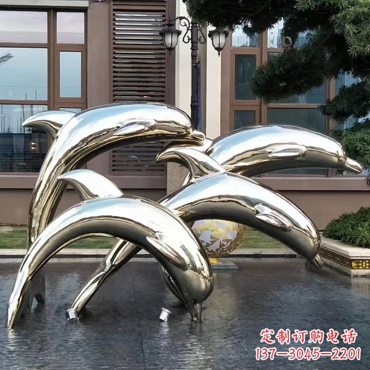 威海水景不锈钢海豚雕塑-城市广场创意动物雕塑