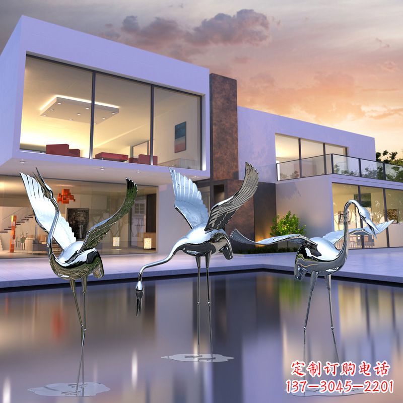 威海水景仙鹤不锈钢镜面雕塑