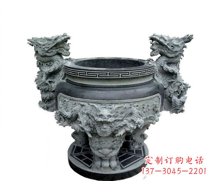 威海寺庙景观龙头水缸石雕 (2)