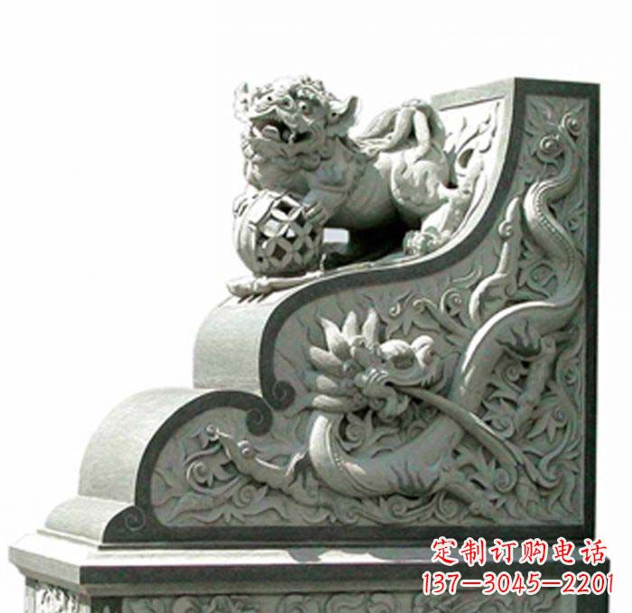 威海寺庙景观玩绣球狮子石雕门墩