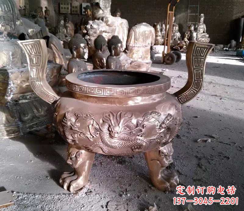 威海寺庙龙浮雕圆铜雕香炉
