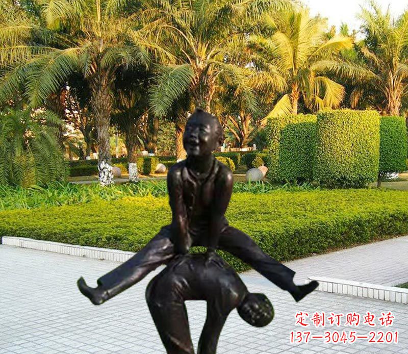 威海跳山羊的儿童铜雕