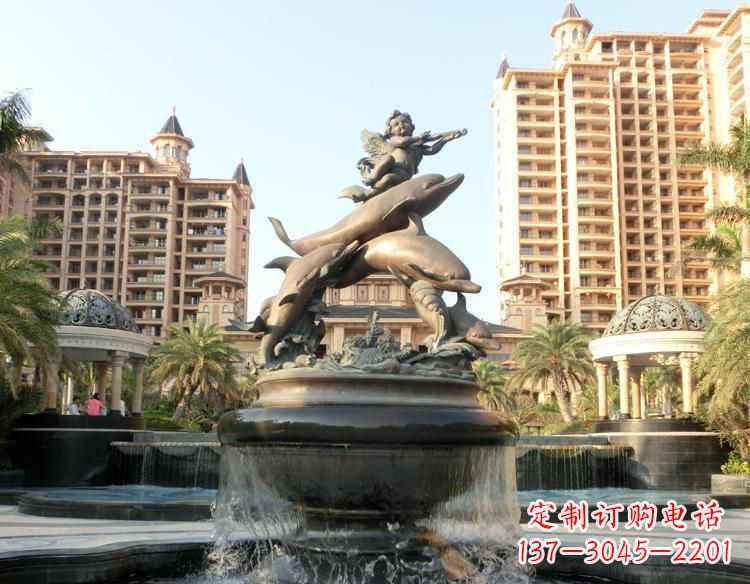 威海跳跃的海豚和小天使喷泉铜雕