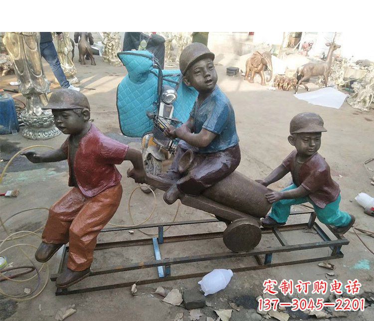 威海铜雕彩绘庭院玩耍儿童雕塑