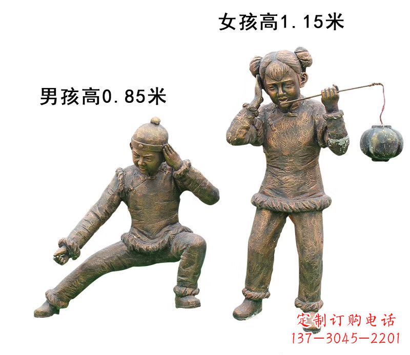 威海铜雕放鞭炮的儿童童趣雕塑