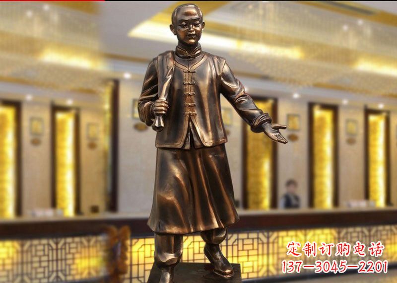 威海铜雕迎宾人物店小二