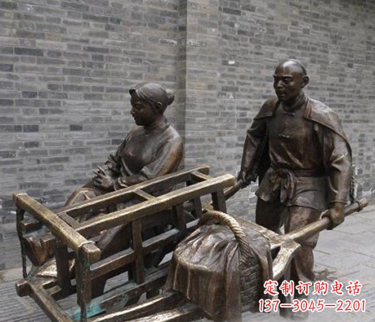 威海推独轮车的人物铜雕