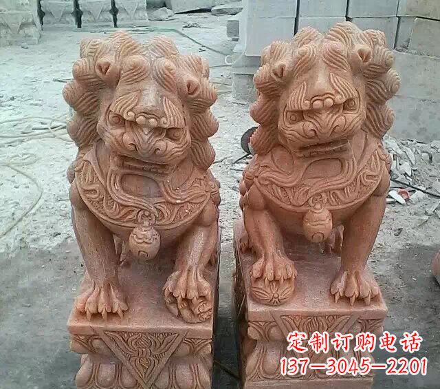 威海晚霞红传统狮子石雕