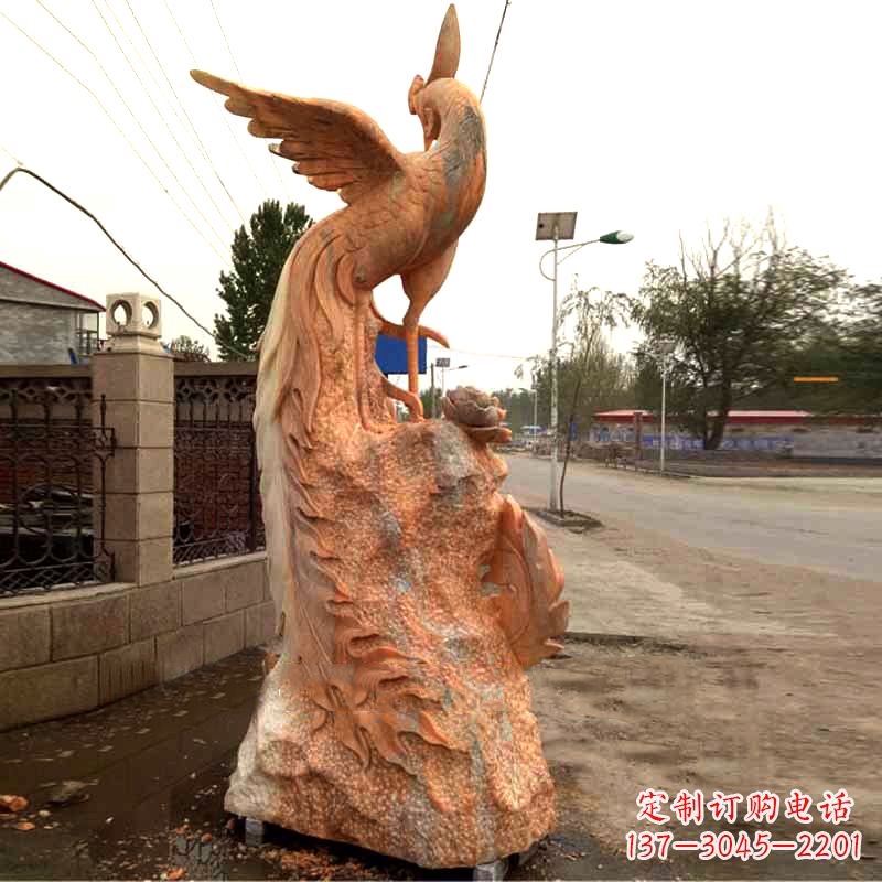 威海晚霞红大理石瑞鸟凤凰雕塑