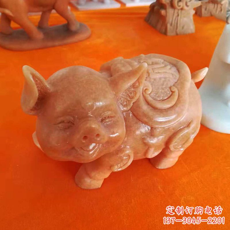 威海晚霞红大理石招财猪雕塑-企业商场创意生肖动物风水摆件