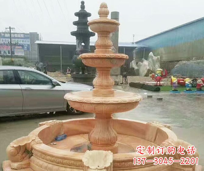 威海晚霞红多层大型石雕喷泉 (3)