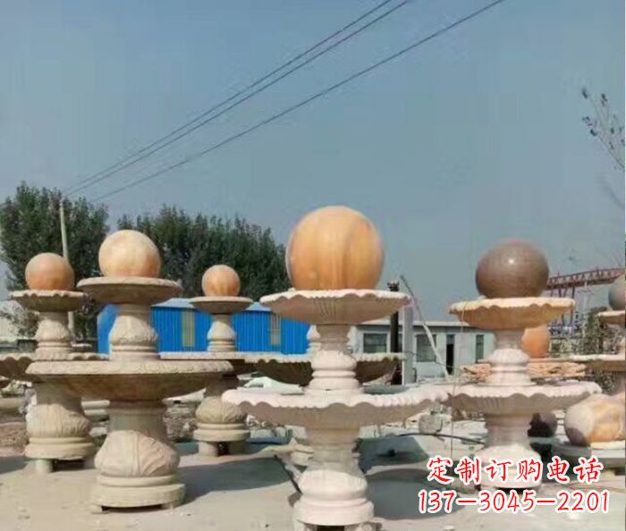 威海晚霞红多层风水球喷泉石雕