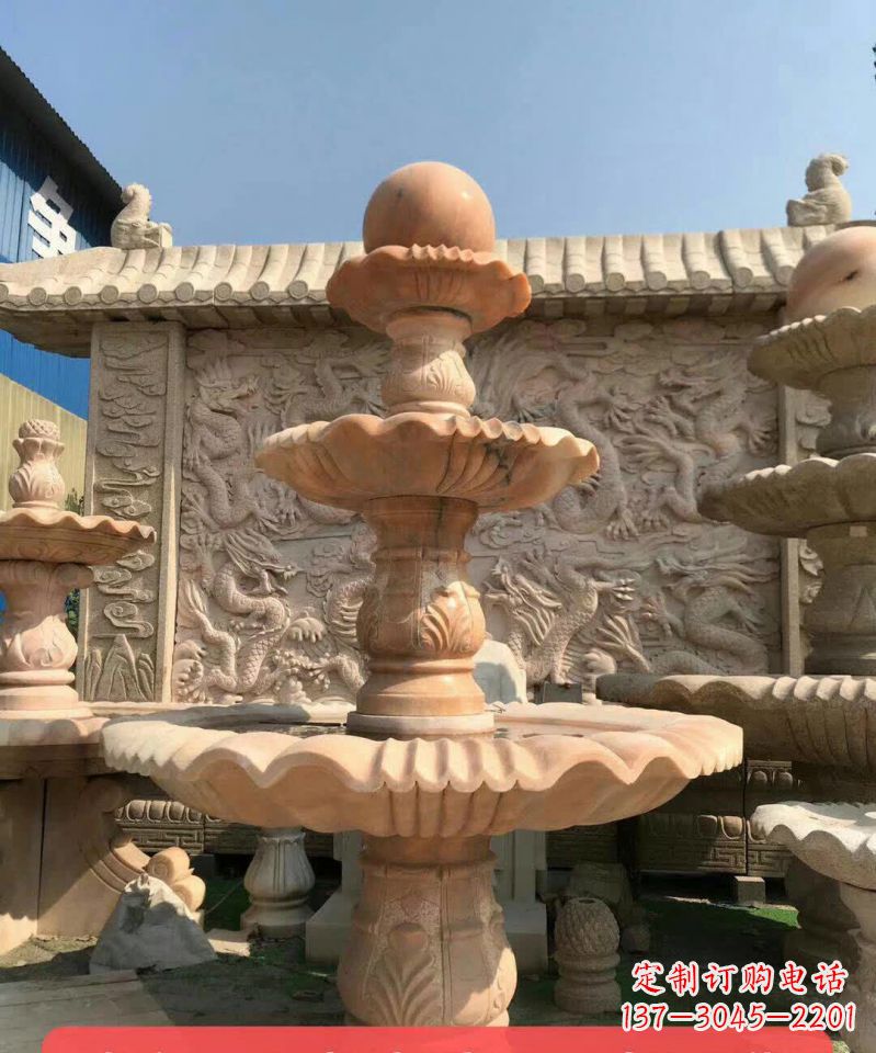 威海晚霞红风水球石雕喷泉