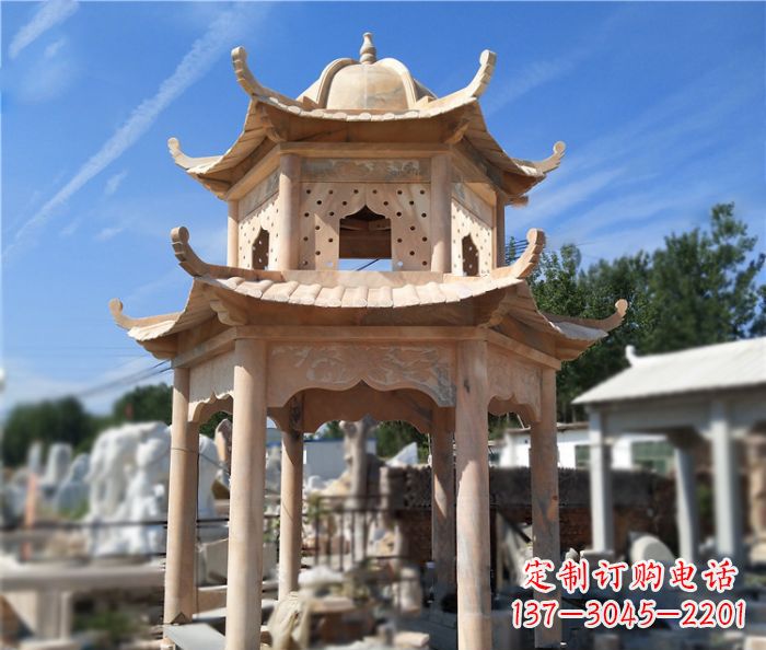 威海晚霞红公园双层六角凉亭石雕