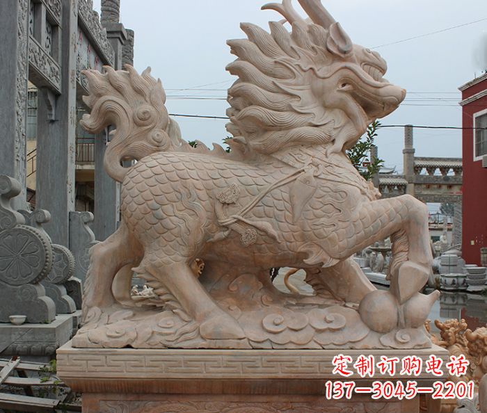 威海晚霞红古代神兽麒麟石雕