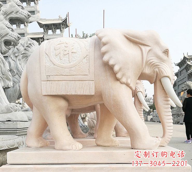 威海晚霞红吉祥如意大象石雕