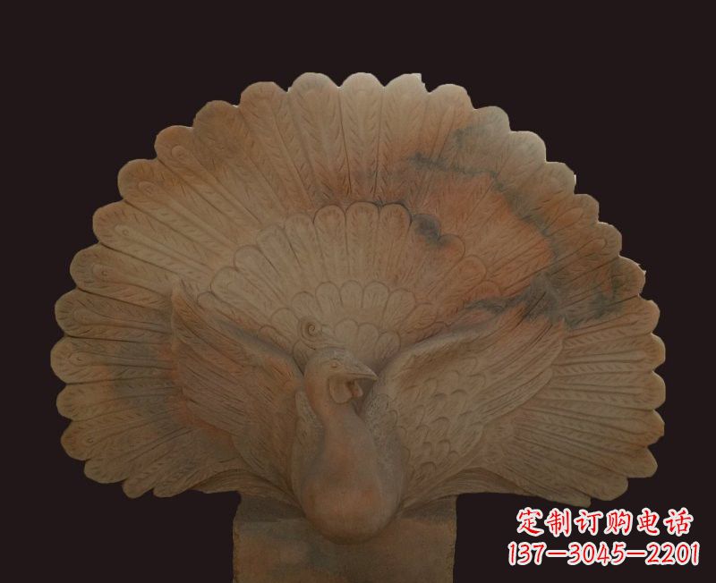 威海晚霞红开屏孔雀石雕