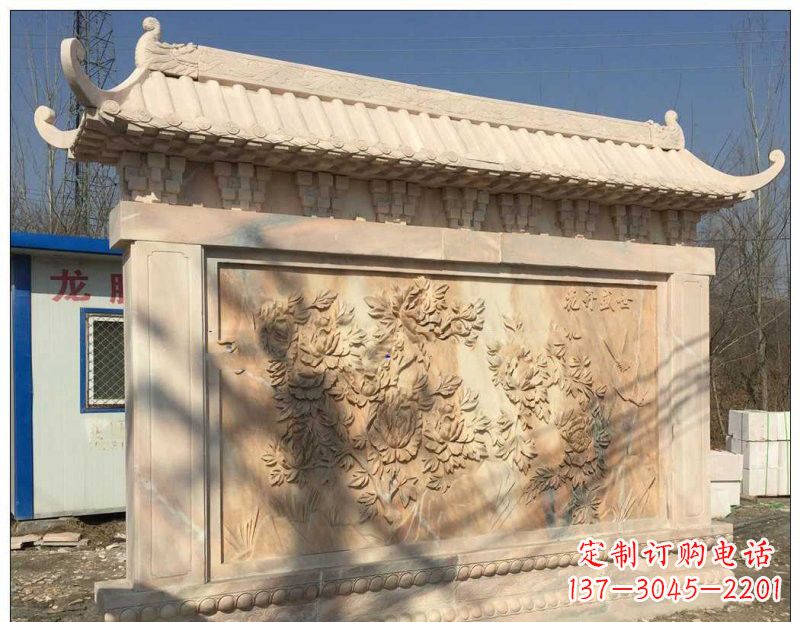 威海晚霞红牡丹花浮雕影壁