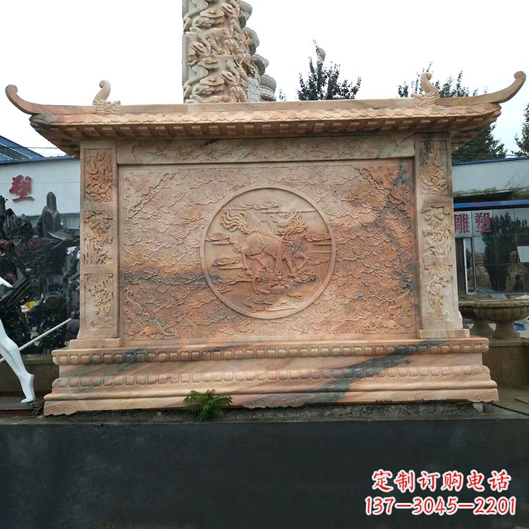 威海晚霞红麒麟影壁墙石雕