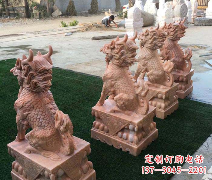 威海晚霞红麒麟招财镇宅石雕